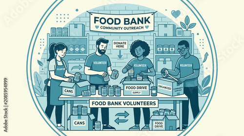 Fotografie Group of volunteers working at community food bank.