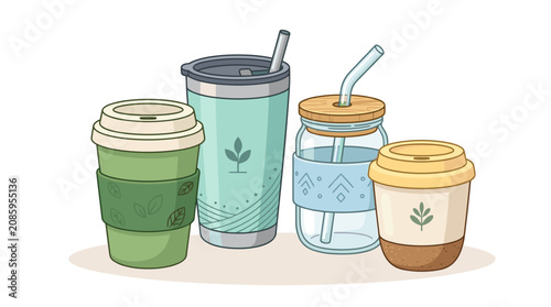 Collection of reusable drink containers including coffee cups and a mason jar with straws