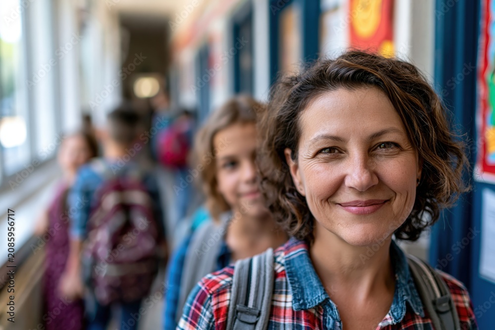Fototapeta premium Smiling school administrator standing in bright hallway as students walk by