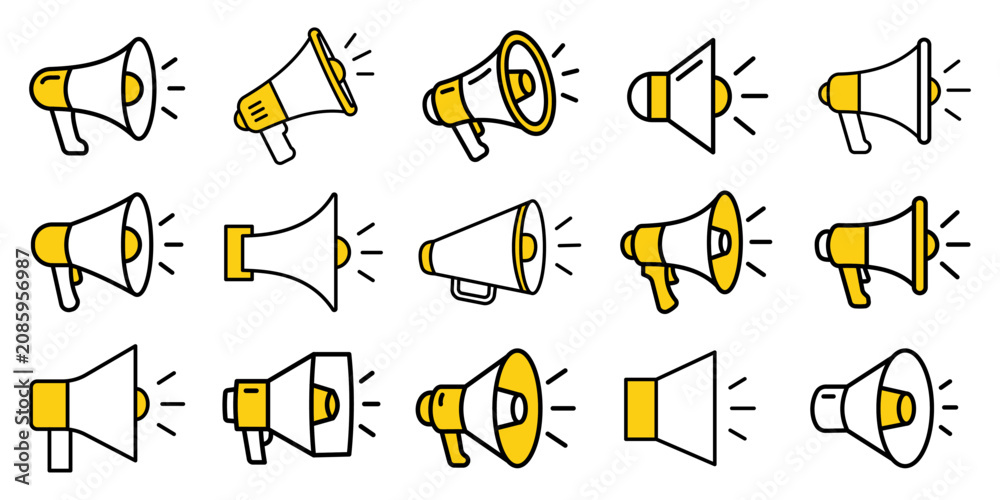 Obraz premium Set of flat line art icons of megaphones and loudspeakers in yellow and black colors, isolated on white background. Various styles of audio broadcast equipment for announcements, marketing, and commun