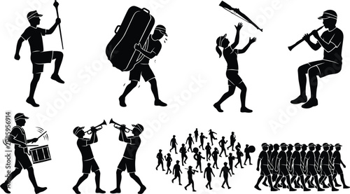 Photos Black silhouettes of a marching band playing musical instruments and performing