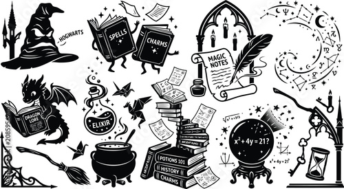 Fotografie Set of black and white magic and wizardry icons with books potions dragon and cr