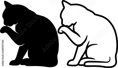 Konstfotografi simple cat licking vector silhouette and outline illustration
