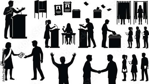 Foto Set of black silhouettes showing people voting participating in elections and po