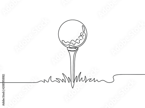 Single line drawing of a golf ball on a tee ready to be struck while grass grows around it