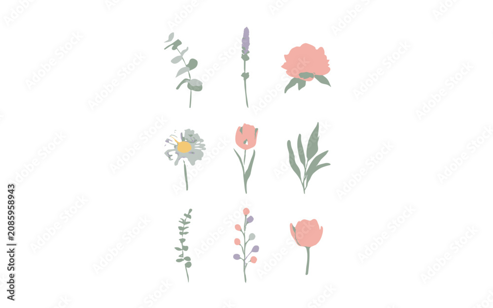 Obraz premium A collection of nine delicate floral illustrations, featuring various plants and flowers with soft pastel colors.