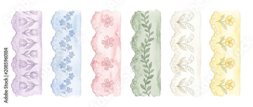 Watercolor floral border ribbons set scalloped lace edges eyelet paper strips featuring hand drawn botanical patterns of tulips leaves and spring blossoms for scrapbooking card making rustic design