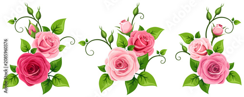 Red and pink roses. Bouquets of rose flowers isolated on a white background. Set of vector floral design elements