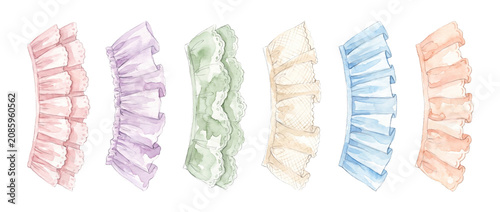Watercolor ruffles lace borders set featuring colorful pleated pastel frills and fabric trim ribbons for scrapbooking, sewing, fashion design, and wedding invitations isolated on black background.