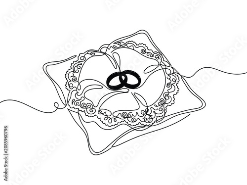 Continuous line drawing of wedding rings on lace pillow symbolizing love and commitment with romantic mood
