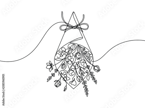 Minimalist continuous line art drawing of a hanging floral bouquet with a bow and flowing lines