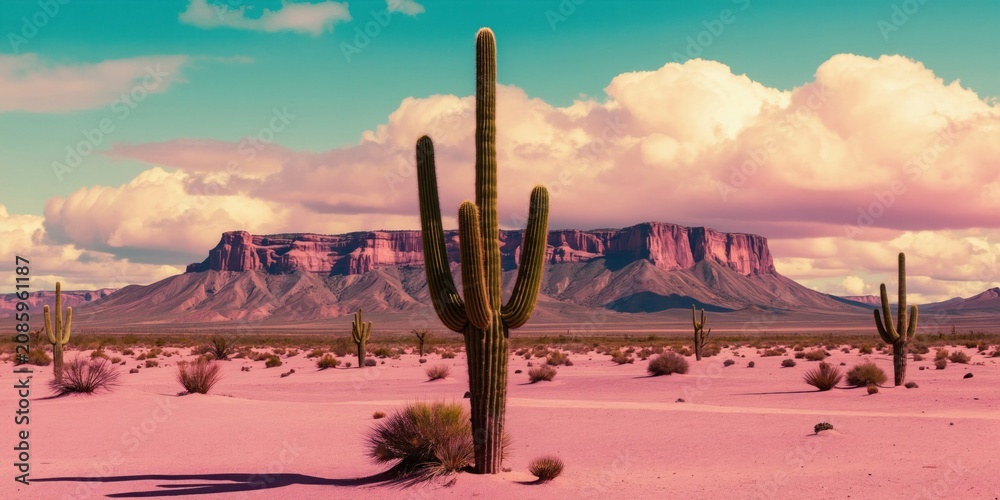 Obraz premium Vast desert panorama features saguaro cacti against dramatic mesa backdrop. Pink sand stretches toward distant mountains under vibrant sunset sky. Clouds add texture to scene creating unique