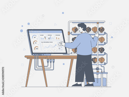 Farmer monitors hydroponic system growth with computer data while managing indoor farm with LED lights and nutrient solutions