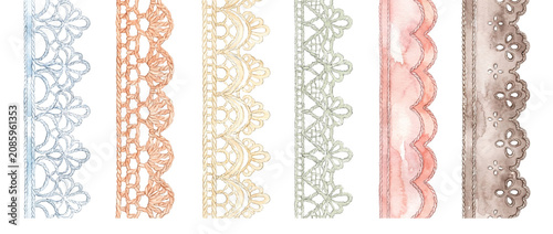 Lace trim borders crochet ribbon set for crafting, vintage decorative eyelet edges and scalloped embroidery stripes, watercolor rustic ornament illustration elements isolated on black background.