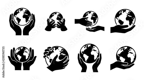 Hands Holding Earth Icons, Global Care Vector Set: Environmental Protection, Planet Earth, Conservation