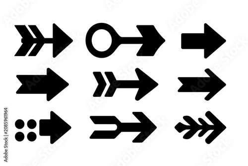 Collection of nine diverse black arrow icons pointing to the right on a white background