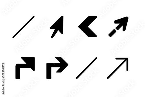 Collection of diverse black arrow icons and a diagonal line on a white background