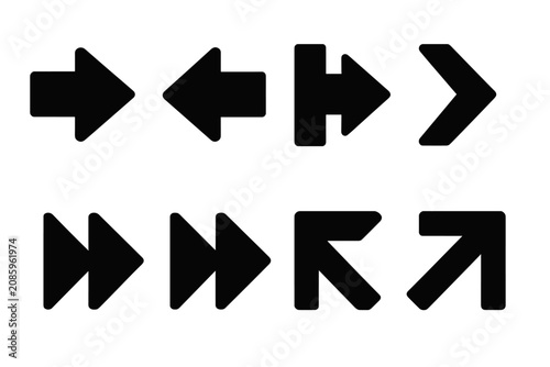 Collection of eight different black arrow icons on a white background, representing various directions and functions