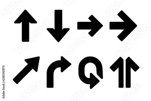 Collection of eight different black arrow icons on a white background