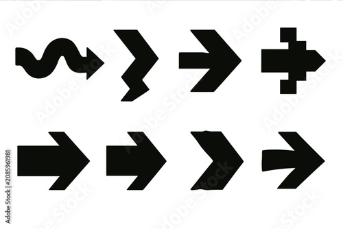 Collection of diverse black arrow shapes pointing to the right on a white background