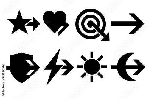 Collection of black icons with arrows indicating progress and direction on a white background