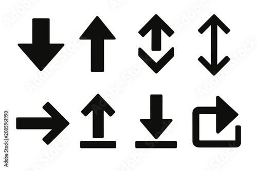 Collection of eight black arrow icons pointing in different directions on a white background
