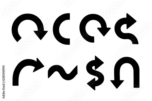 Collection of diverse black arrows and curved shapes on a white background