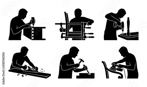 Bild auf Leinwand Woodworking Craftsmanship Icons: Carpenter, Joiner, Furniture Maker, Artisan Ski