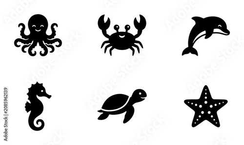 Photography Ocean Life Icons Set: Black Silhouettes of Marine Animals, Sea Creatures Vector