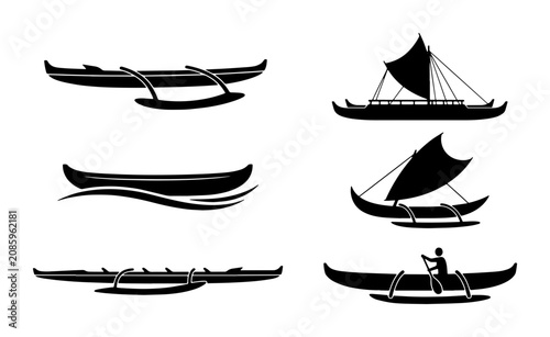 Canvastavla Outrigger Canoe Vector Icons: Traditional Polynesian Sailing and Paddling Vessel