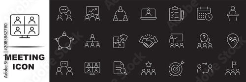 Meeting web icon set in line style. Conference, team, brainstorm, seminar, interview, deal, discussion, teamwork, presentation, communication,  collection.