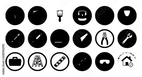 Modern painting and home renovation circular vector icon set featuring decorating tools construction equipment and house repair symbols isolated on white