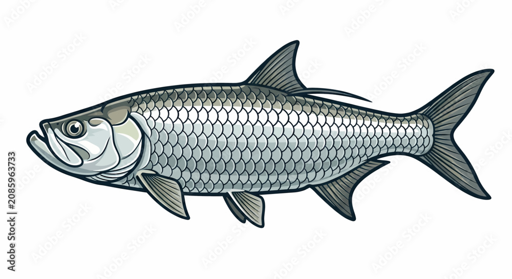 Obraz premium Detailed vector illustration of a silver tarpon fish swimming in profile