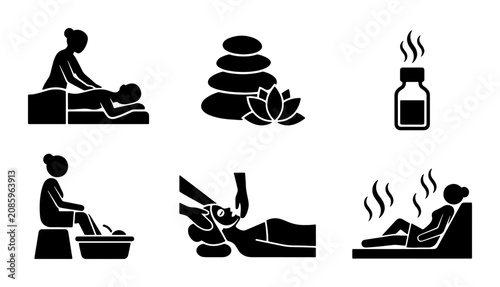 Fotografía Spa Icons Set: Massage, Hot Stones, Aromatherapy, Foot Bath, Facial, Sauna Vecto