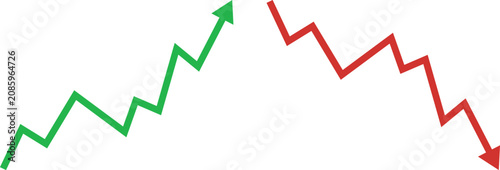 Green rising and red falling zigzag trend line arrows representing growth and decline