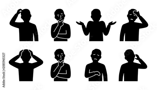 Bild auf Leinwand Confusion Icons Set, Doubt Silhouettes, Questioning Poses, Uncertainty Vector Gr