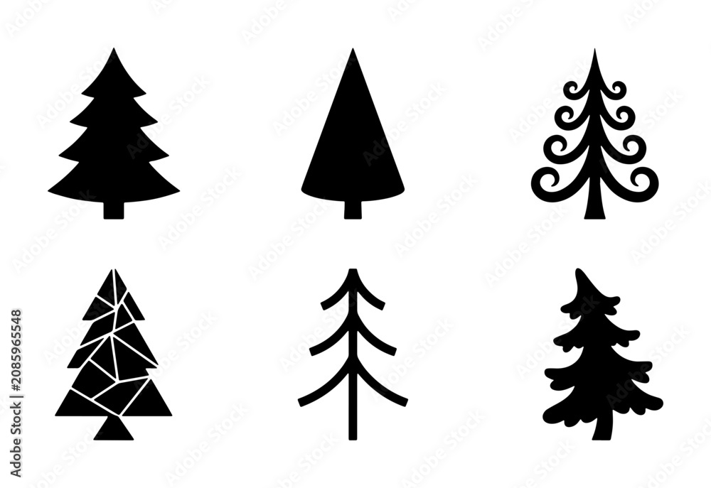Obraz premium Six Black Christmas Tree Icons, Festive Winter Holiday Vector Graphics, Simple Evergreen Silhouette Set