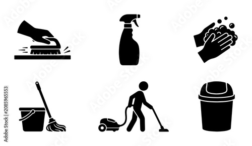 Fotografie Cleaning Icons Set: Hygiene, Household Chores, Sanitation Tools, Housekeeping, M