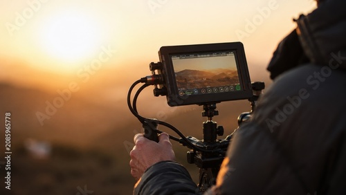 Camera monitor displays mountain landscape at sunset. Cinematic mood capturing nature. Ideal for media production or travel.