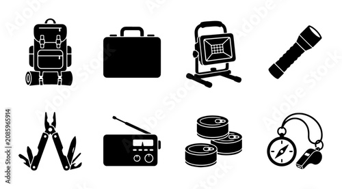 Survival Gear Icons: Backpack, Briefcase, Lantern, Flashlight, Multi-tool, Radio, Canned Food, Compass