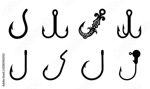 Fotografi Fishing Hooks Collection: Various Styles, Single and Treble, Vector Icons for An