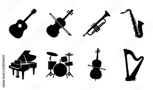 Canvas Print Musical Instruments Vector Icons Set: Guitar, Violin, Trumpet, Saxophone, Piano,