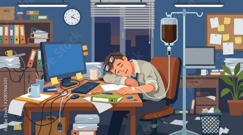 A flat design illustration depicting the concept of caffeine addiction and corporate burnout, featuring an exhausted office employee seated at a messy desk while humorously receiving coffee.