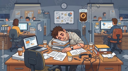 A flat design illustration depicting the concept of caffeine addiction and corporate burnout, featuring an exhausted office employee seated at a messy desk while humorously receiving coffee.