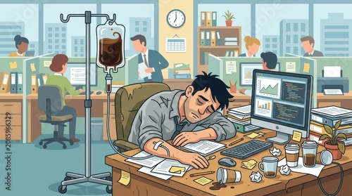 A flat design illustration depicting the concept of caffeine addiction and corporate burnout, featuring an exhausted office employee seated at a messy desk while humorously receiving coffee.