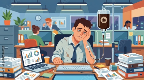 A flat design illustration depicting the concept of caffeine addiction and corporate burnout, featuring an exhausted office employee seated at a messy desk while humorously receiving coffee.