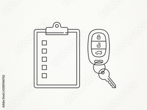 Car key and checklist on clipboard for vehicle maintenance and inspection tasks