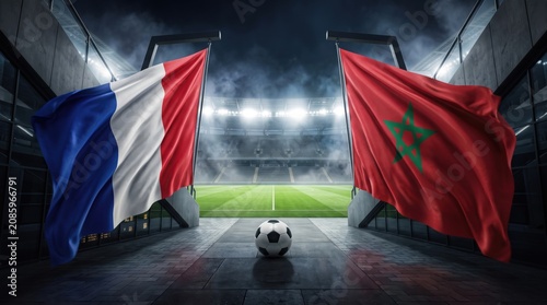 Soccer ball on the ground between France and Morocco flags at the entrance of a large stadium
