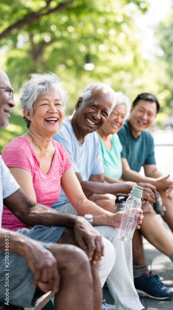 Obraz premium Group of diverse senior adults enjoying time together on a park bench with greenery in the background
