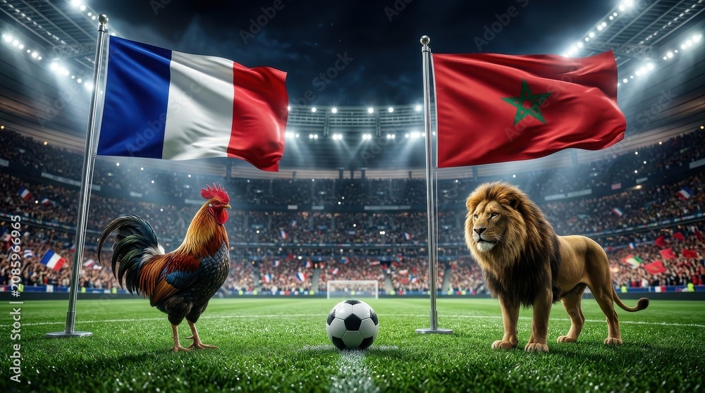 Obraz premium France and Morocco flags with a rooster and a lion on a soccer field in a crowded sports stadium